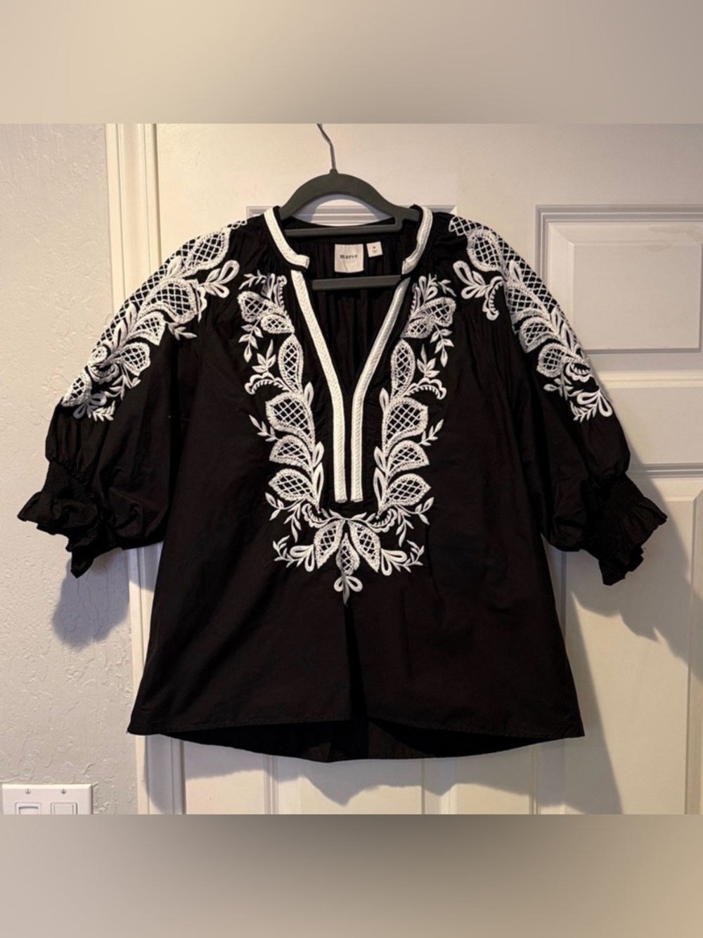 Maeve Black Top with White Floral Embroidery